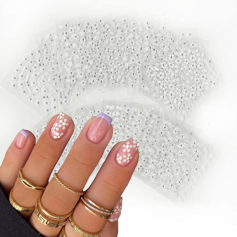 30 Sheets Flower Nail Art Stickers Decals White Flower with Rhinestones Designs 3D Self Adhesive ... | Amazon (US)