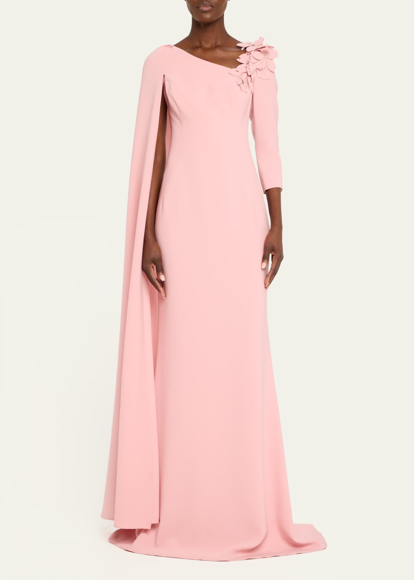 Rickie Freeman for Teri Jon Cape-Sleeve Floral Applique Trumpet Gown | Bergdorf Goodman