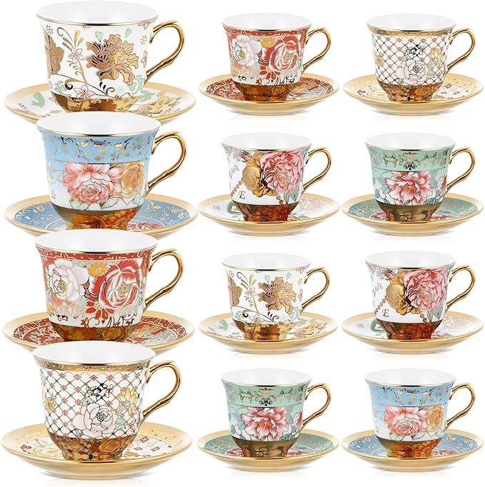 Set of 12 Tea Cups and Saucers Tea Party Decorations Floral Porcelain 7.4 oz British Gift for Wom... | Amazon (US)