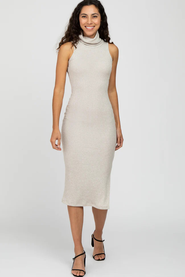 Beige Ribbed Turtleneck Fitted Midi Dress | PinkBlush Maternity