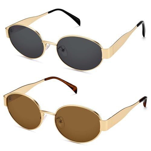DIMENSIP Retro Oval Sunglasses for Women Men - Trendy Gold Sun Glasses - Fashion Metal Frame Shades(Gold/Grey + Gold/Brown) | Amazon (US)