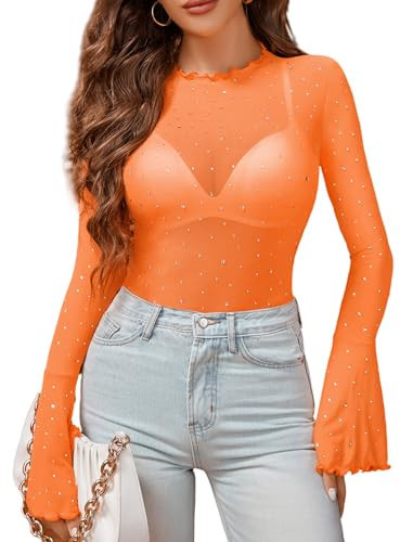 Avidlove Women Mesh Tops Rhinestone Tops Long Bell Sleeve Blouses Glitter Shirts Sexy Clubwear Outfits Orange M | Amazon (US)