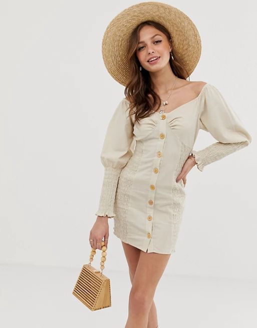 ASOS DESIGN button through shirred linen mini dress | ASOS US