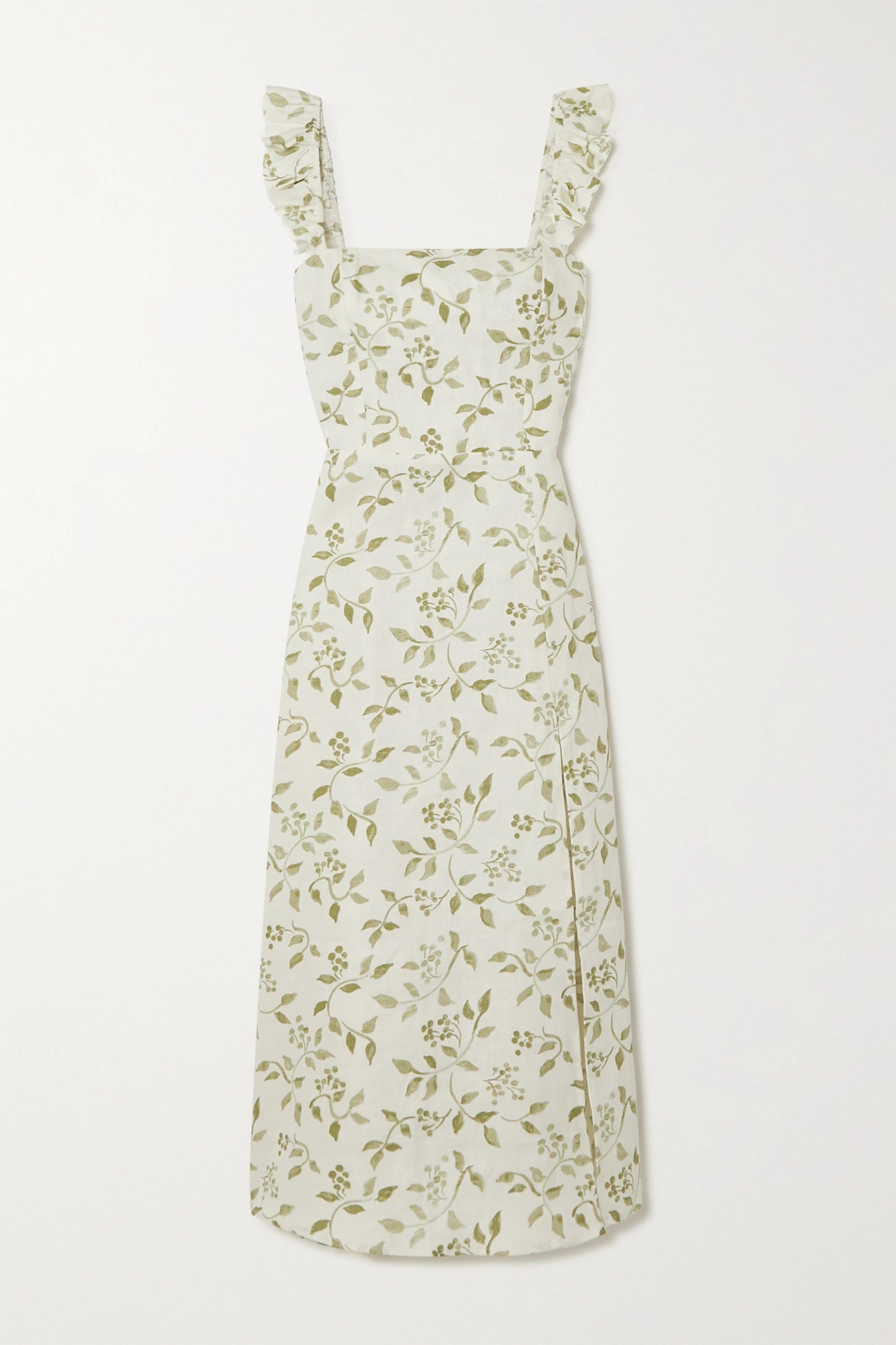 White Spaulding ruffled floral-print linen midi dress | Reformation | NET-A-PORTER | NET-A-PORTER (UK & EU)