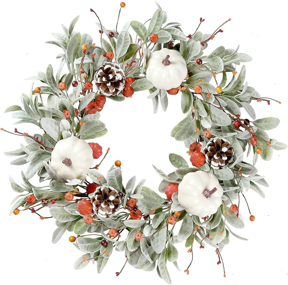 Sggvecsy Fall Wreath 20’’ Autumn Front Door Wreath Harvest Wreath with Flocked Lambs Ear Whit... | Amazon (US)
