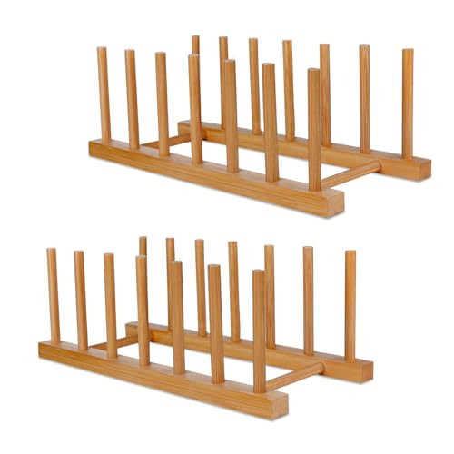 SAMEBUTECO Bamboo Wooden Dish Racks Plate Stand Holder Vertical Drainer Kitchen Cabinet Organizer for Dish, Pots, Lids, Bowls, Cups, and Cutting Boards and Books(2 Packs) | Amazon (US)