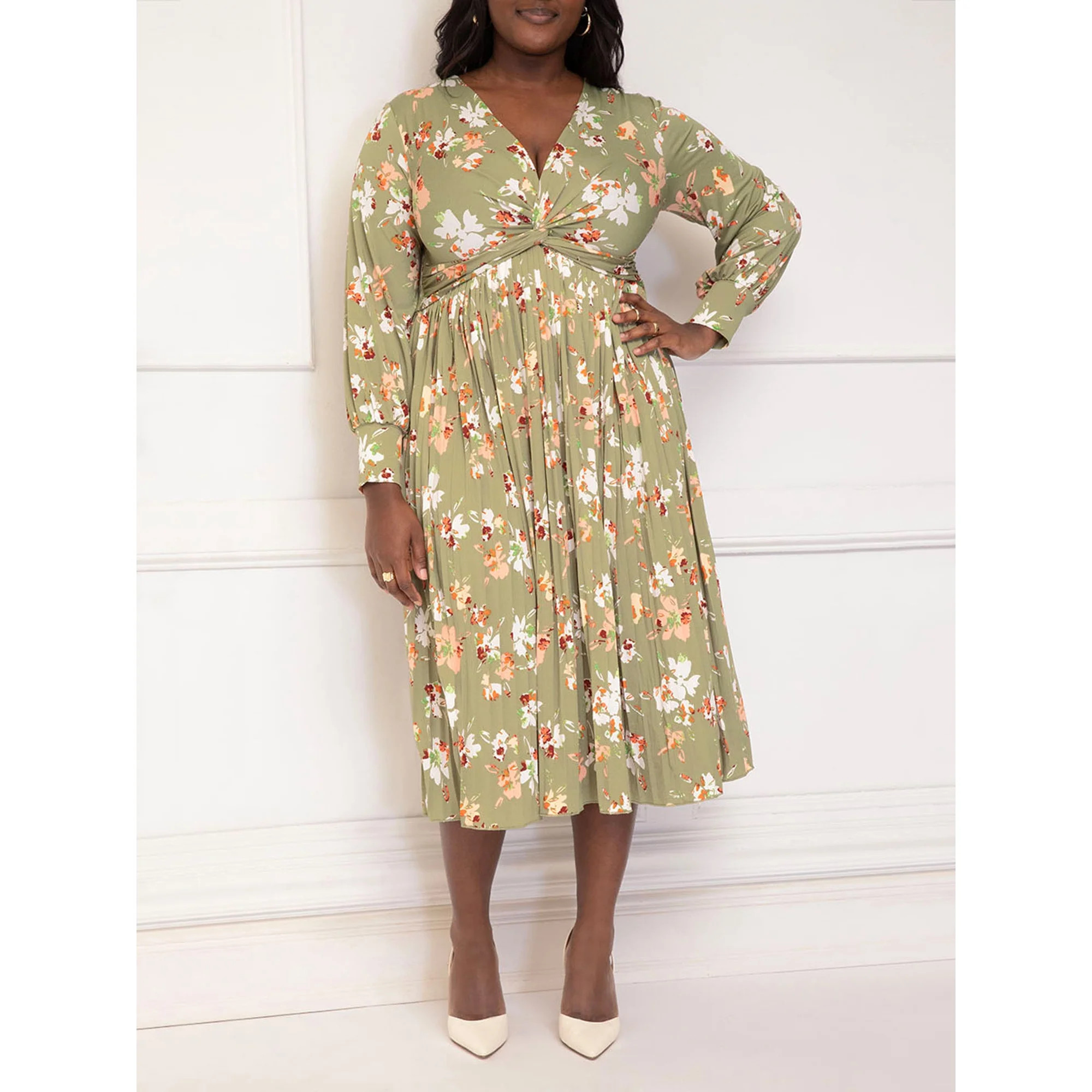 ELOQUII Elements Women's Plus Knot Front Pleated Skirt Dress | Walmart (US)