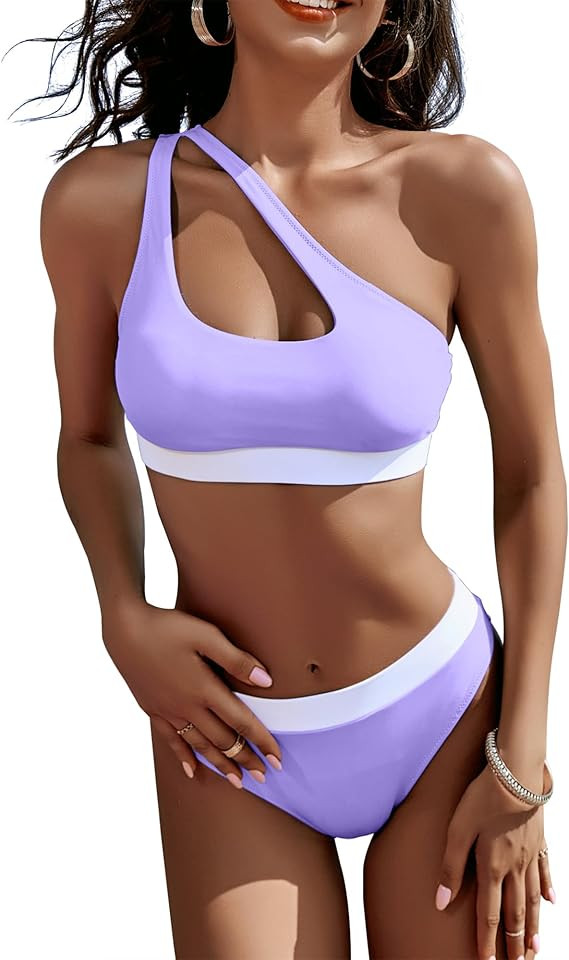 HyMeYou Women High Waisted Bikini Set 2 Piece One Shoulder Swimsuits Cut Out Color Block Tummy Co... | Amazon (US)