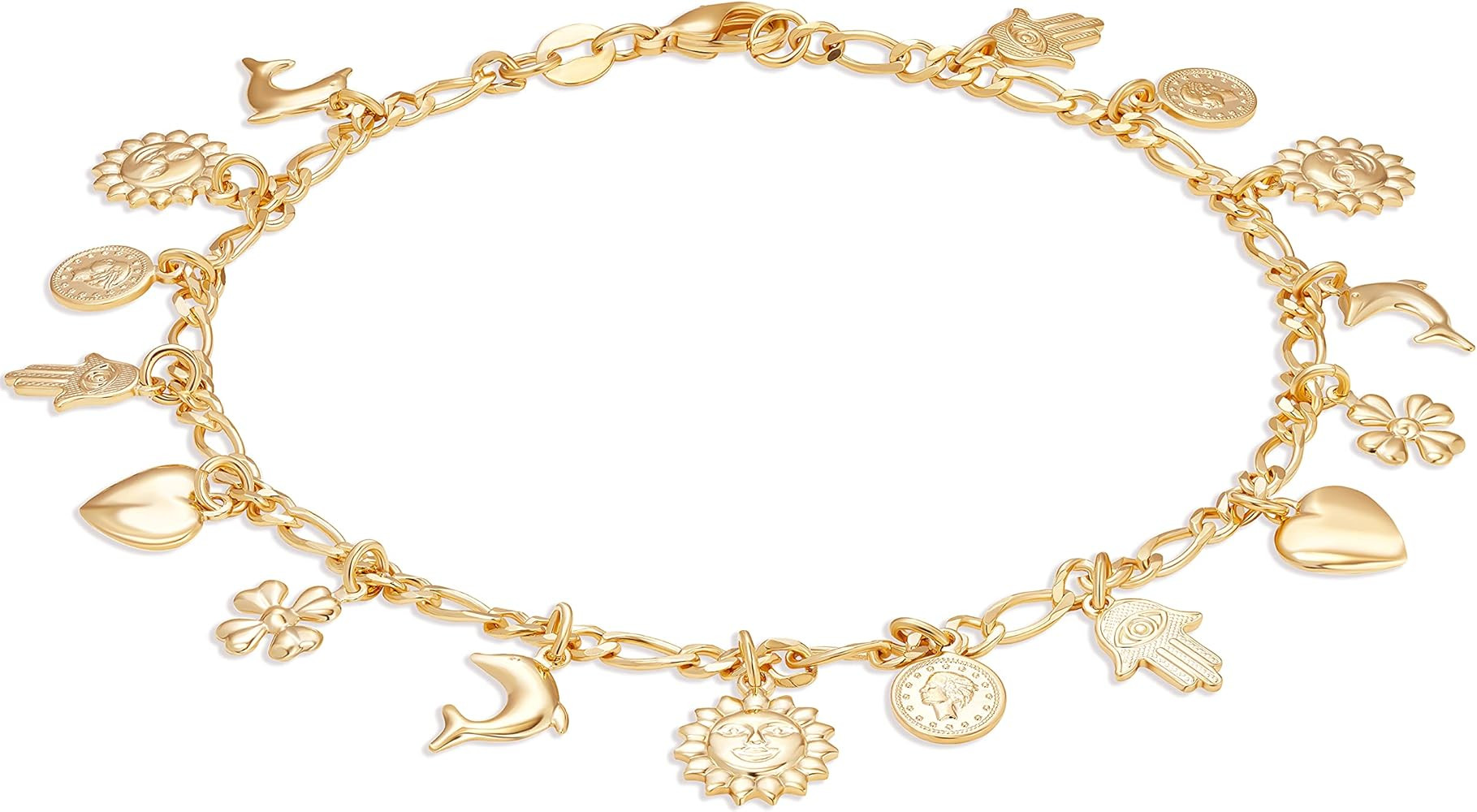 Barzel 18K Gold Plated Charm Anklet, Multi Charm Anklet for Women, 10 Inches - Made In Brazil | Amazon (US)