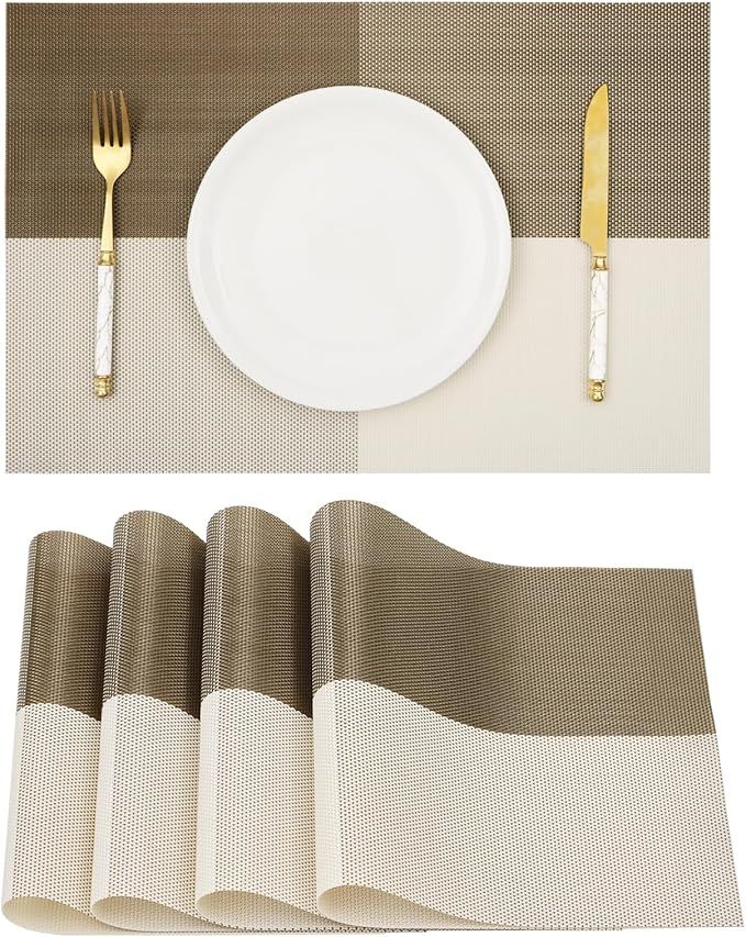 HeloHo Placemats Set of 4 Light Grey Gold Grid Placemats Washable Vinyl Woven Table Mats Wipeable... | Amazon (US)