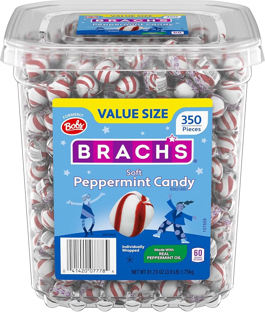 Brach's Bobs Sweet Stripes Soft Peppermint Candy, Individually Wrapped Pieces, 3.9 lb Tub (350 Co... | Amazon (US)