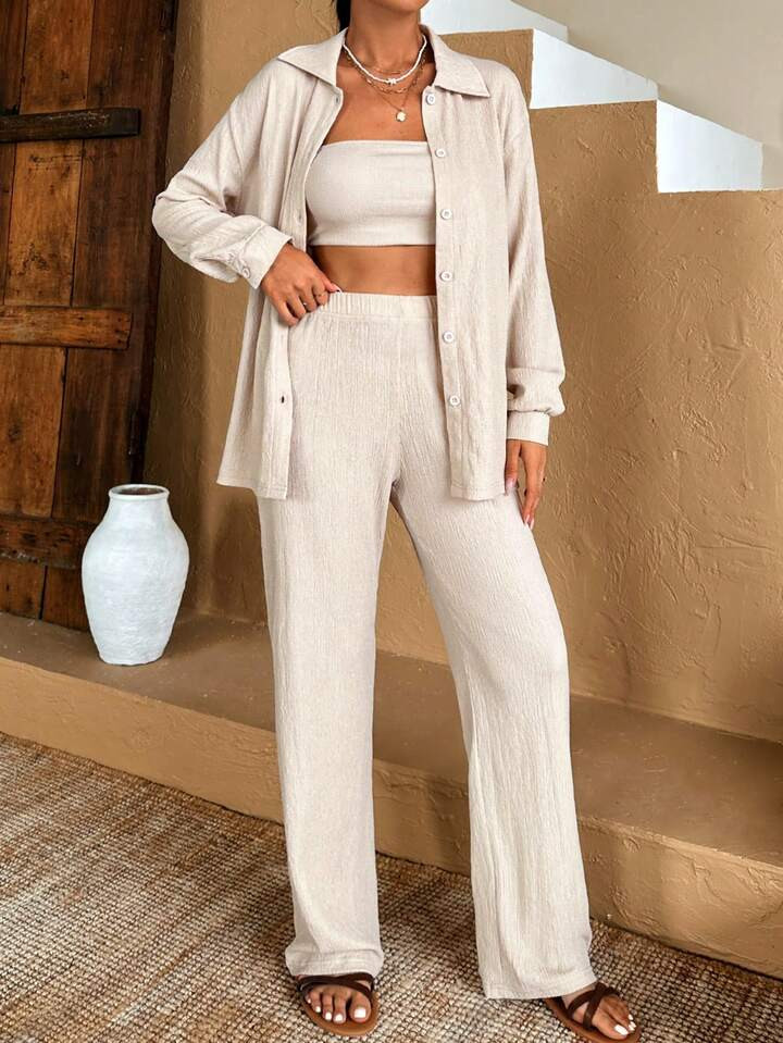 SHEIN Women Texture Casual Fashion Shirt Three-Piece Set | SHEIN
