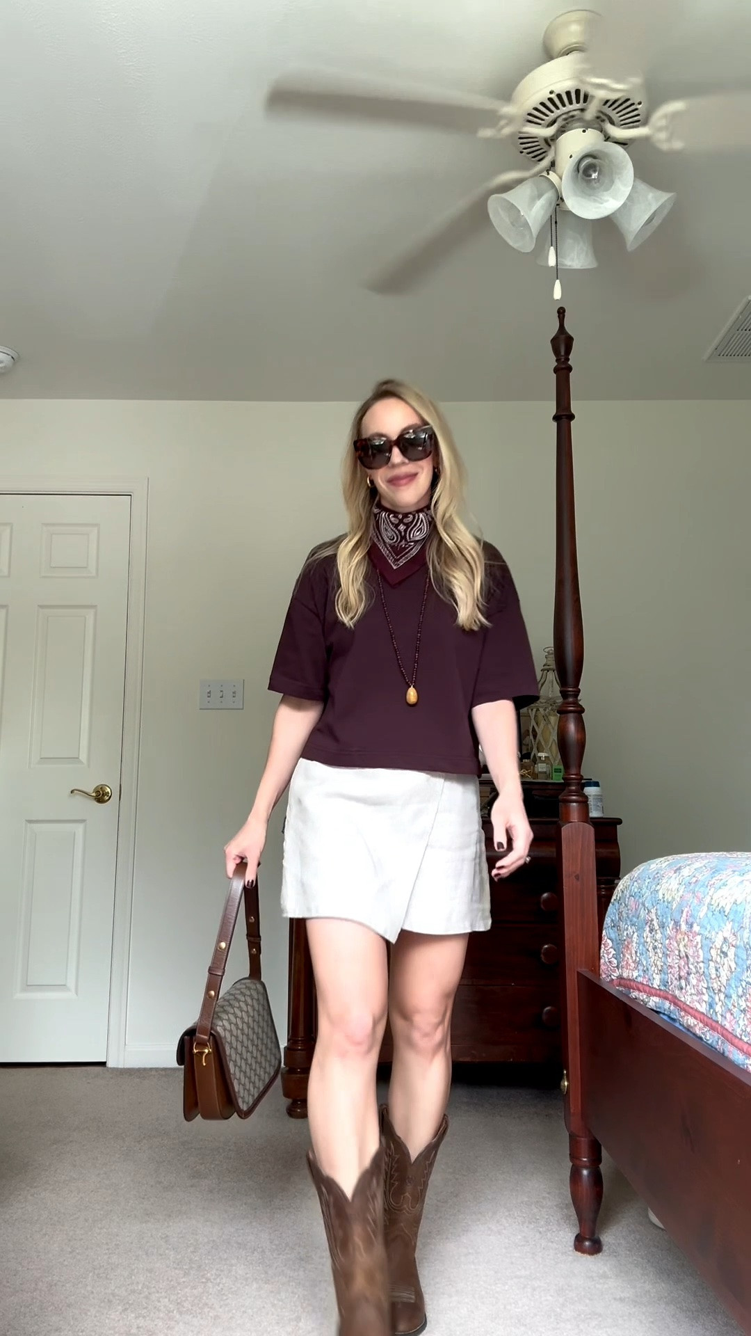 Transitional outfit, burgundy tee, bandana scarf, paisley print scarf, @Quince linen skort, cowboy boots

#LTKootd #LTKdayinmylife #LTKgrwm