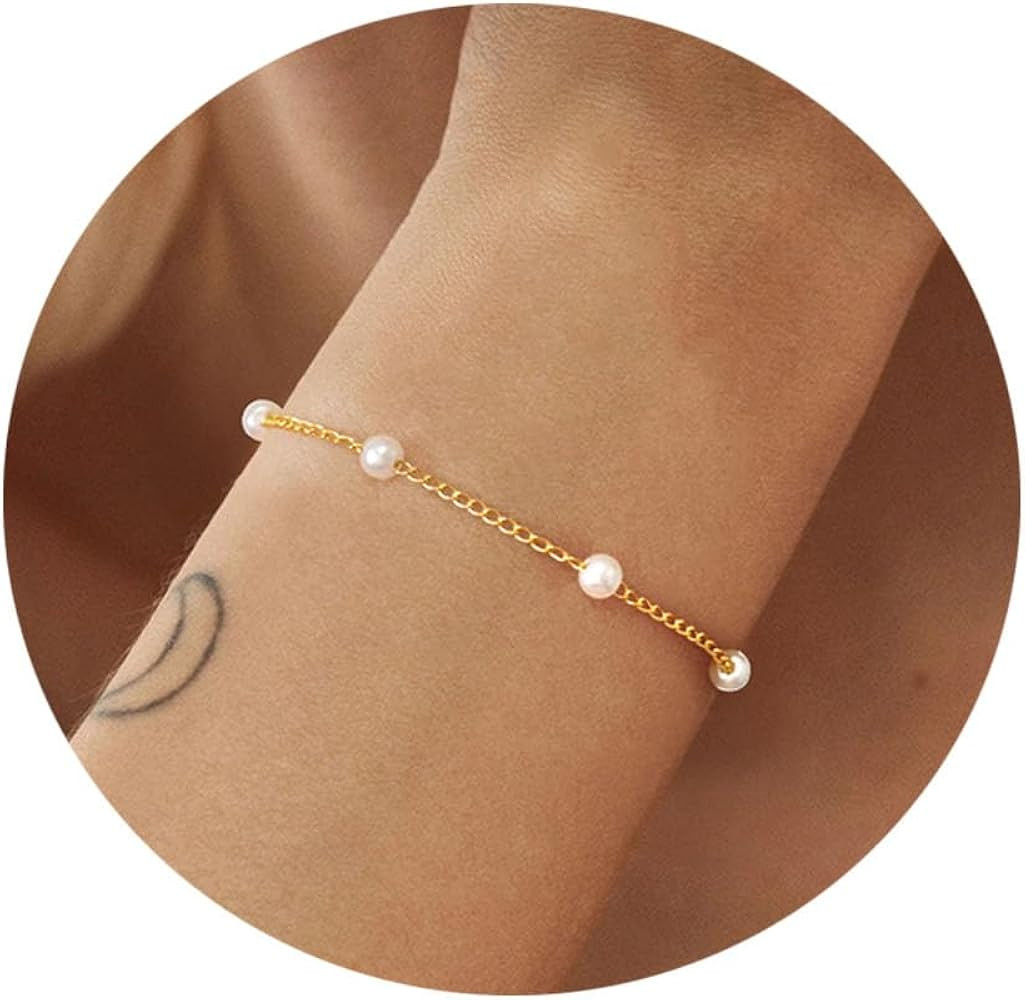 Gold Tiny Pearl Bracelet 18K Gold Plated Cultured Pearls Bracelets for Women Dainty Adjustable Pa... | Amazon (US)
