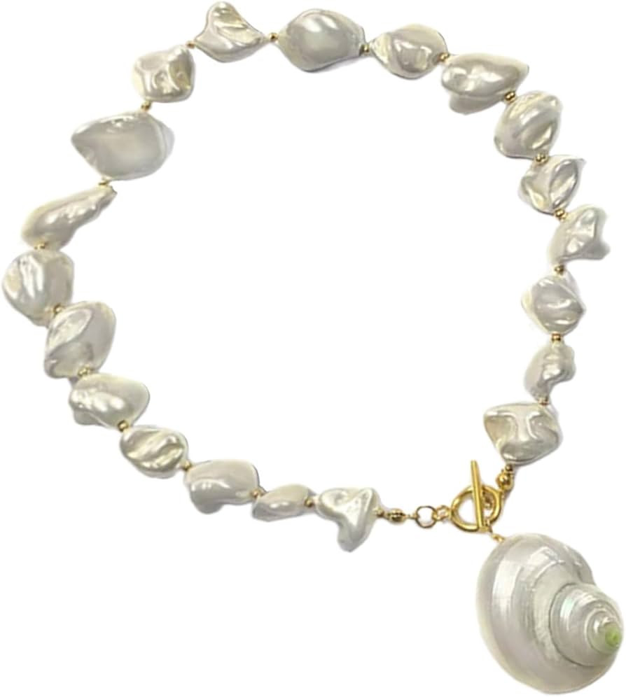 Elegant Freshwater Pearls Necklace with Conch Pendant Adjustable Length Clavicle Chain Stylish Ne... | Amazon (US)