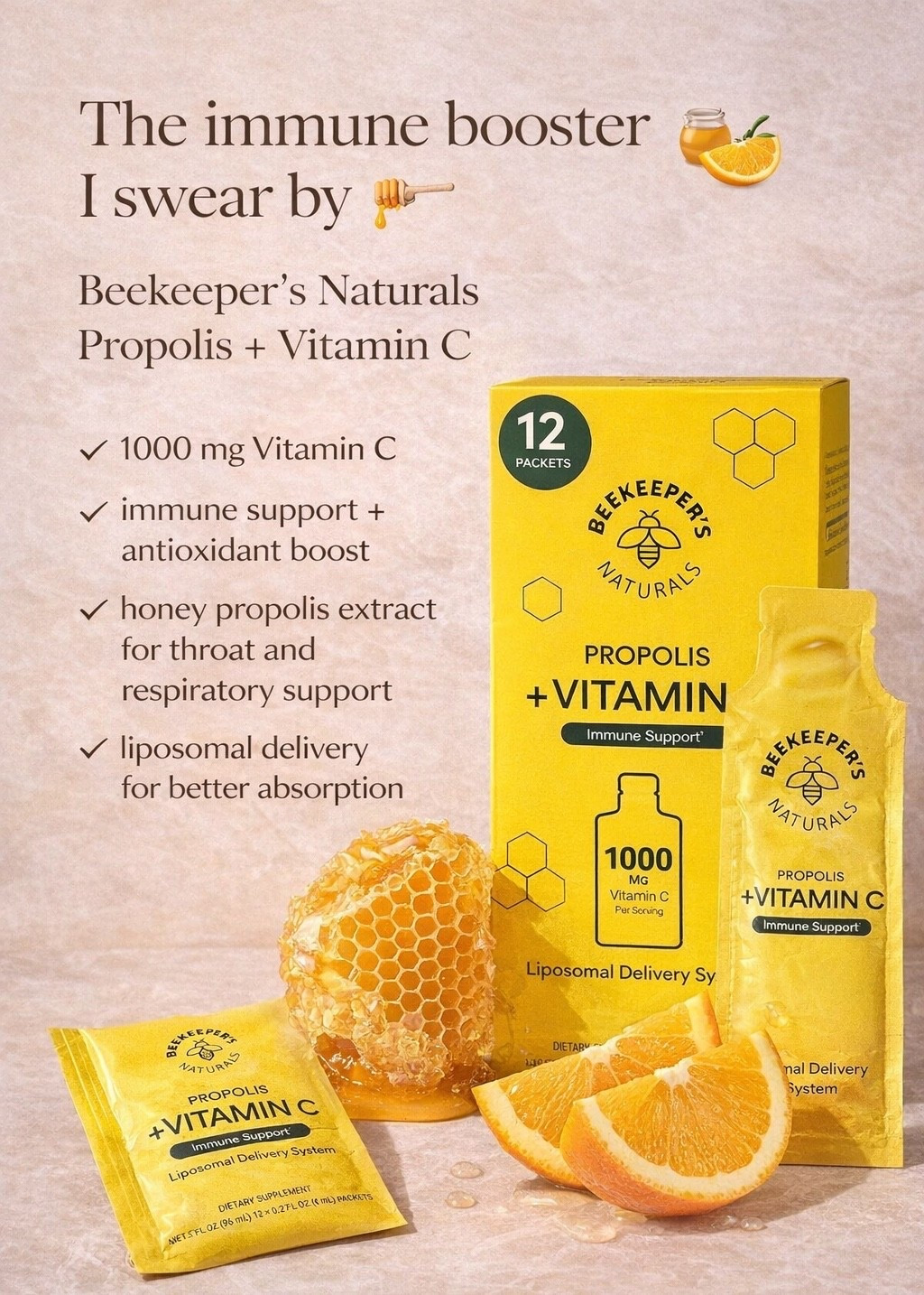 One of my favorite immune support habits 🍯

It’s flu season again!!
These Beekeeper’s Naturals Propolis + Vitamin C packets are an easy daily boost. Especially during travel, busy weeks, or when everyone around you is getting sick. 🤒 

I keep a few in my bag at all times.

#LTKwellness #immunesupport #vitaminc #wellnessroutine #beekeepernaturals

#LTKselfcare #LTKBeauty #LTKSeasonal