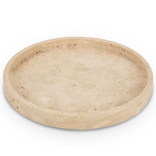 WORHE Natural Travertine Vanity Tray for Bathroom, Dresser, Counter, Home Decor Marble Round Decorative Tray for Candles, Perfumes, Jewelry, Plants Natural Stone Organiser Dish Color Beige (WH019) | Amazon (US)