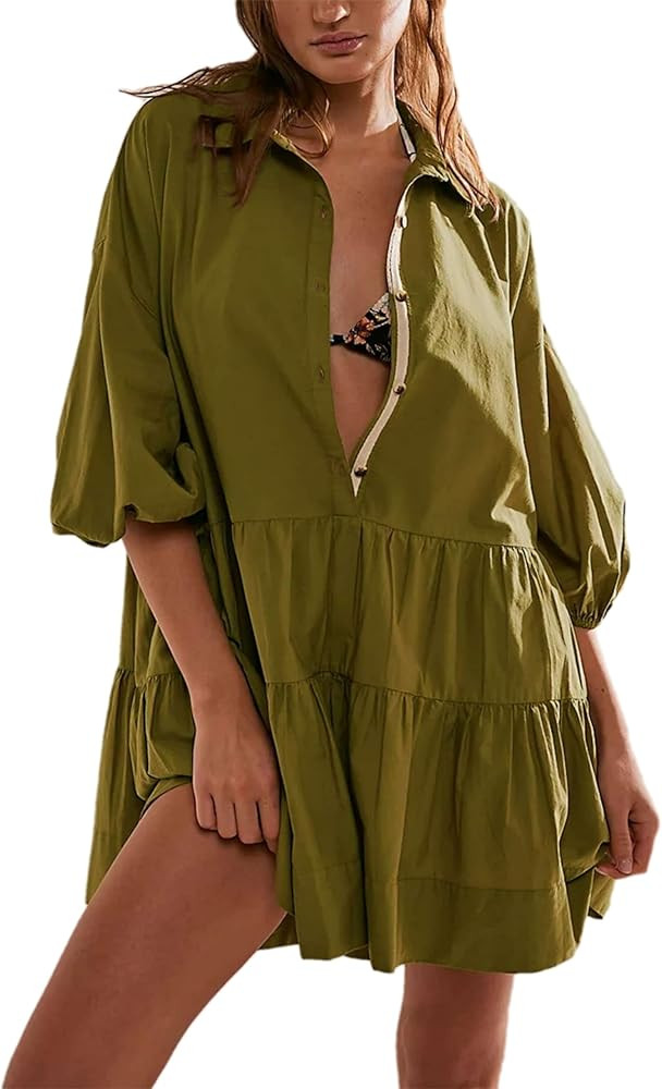 Mingzhu Womens Summer Tiered Puff Sleeve Shirtdress Flowy A-line Babydoll Mini Dress | Amazon (US)