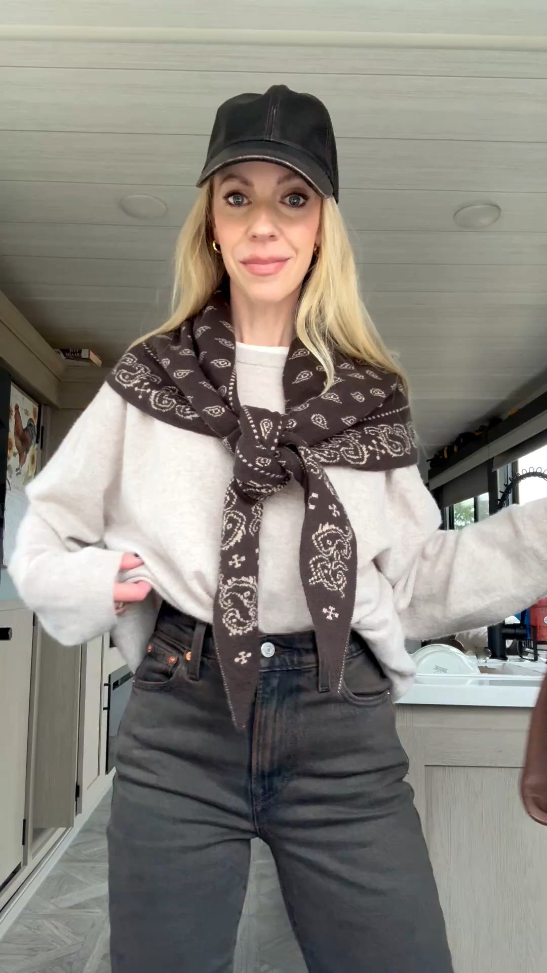 Casual fall outfit with bandana scarf and brown @levi jeans (these are so flattering and perfect to wear with tall boots!)