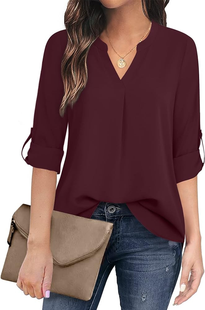 Timeson Women's Casual Chiffon V Neck 3/4 Sleeve Blouse Tops | Amazon (US)