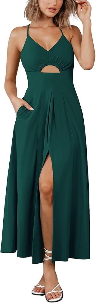BTFBM Women 2026 Summer Spaghetti Strap Midi Dress Sleeveless V Neck Cutout Slit Casual Beach Par... | Amazon (CA)