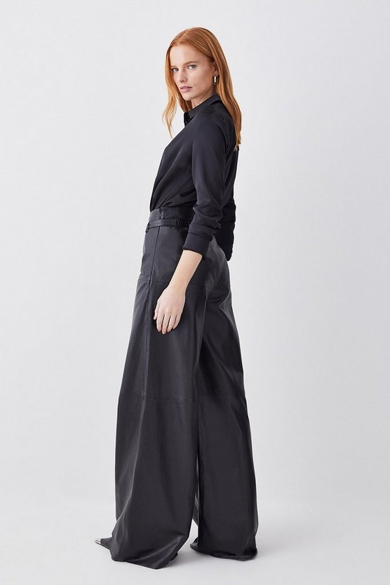Leather Belted High Waisted Wide Leg Trouser | Karen Millen UK + IE + DE + NL