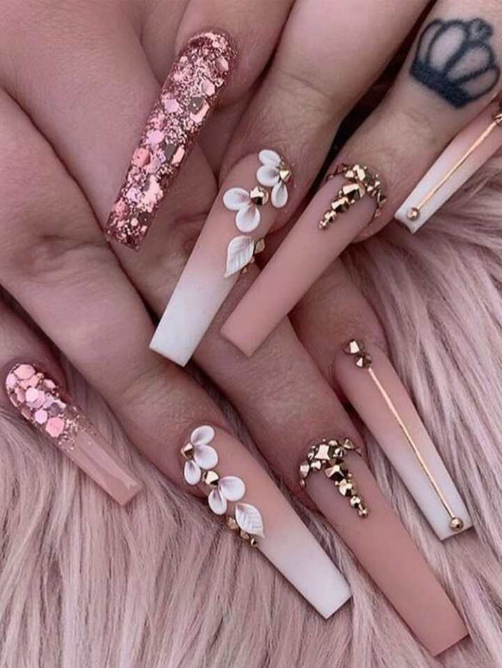 24pcs Gradient White Floral Sequin Sparkling Extra Long Ballerina Press On Nails + 1pc Jelly Glue... | SHEIN