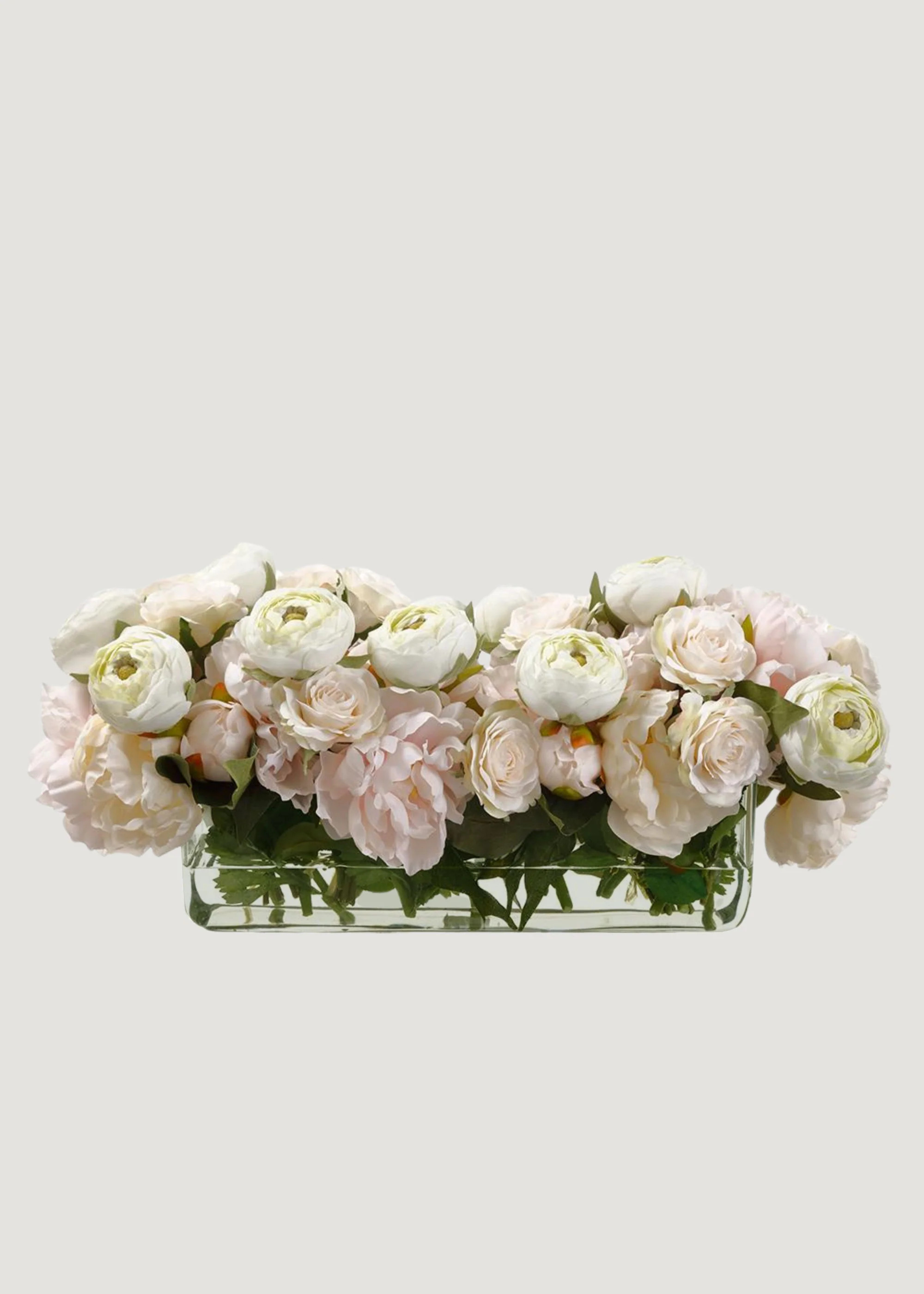 Pink Fake Peony and Rose Arrangement in Low Glass Rectangle Vase - 23" | Afloral