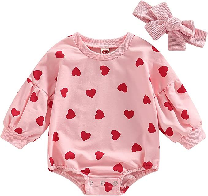 Baby Girl Boy Valentines Day Outfits Heart Print Romper Sweatshirt Oversized Crewneck Pullover Bo... | Amazon (US)