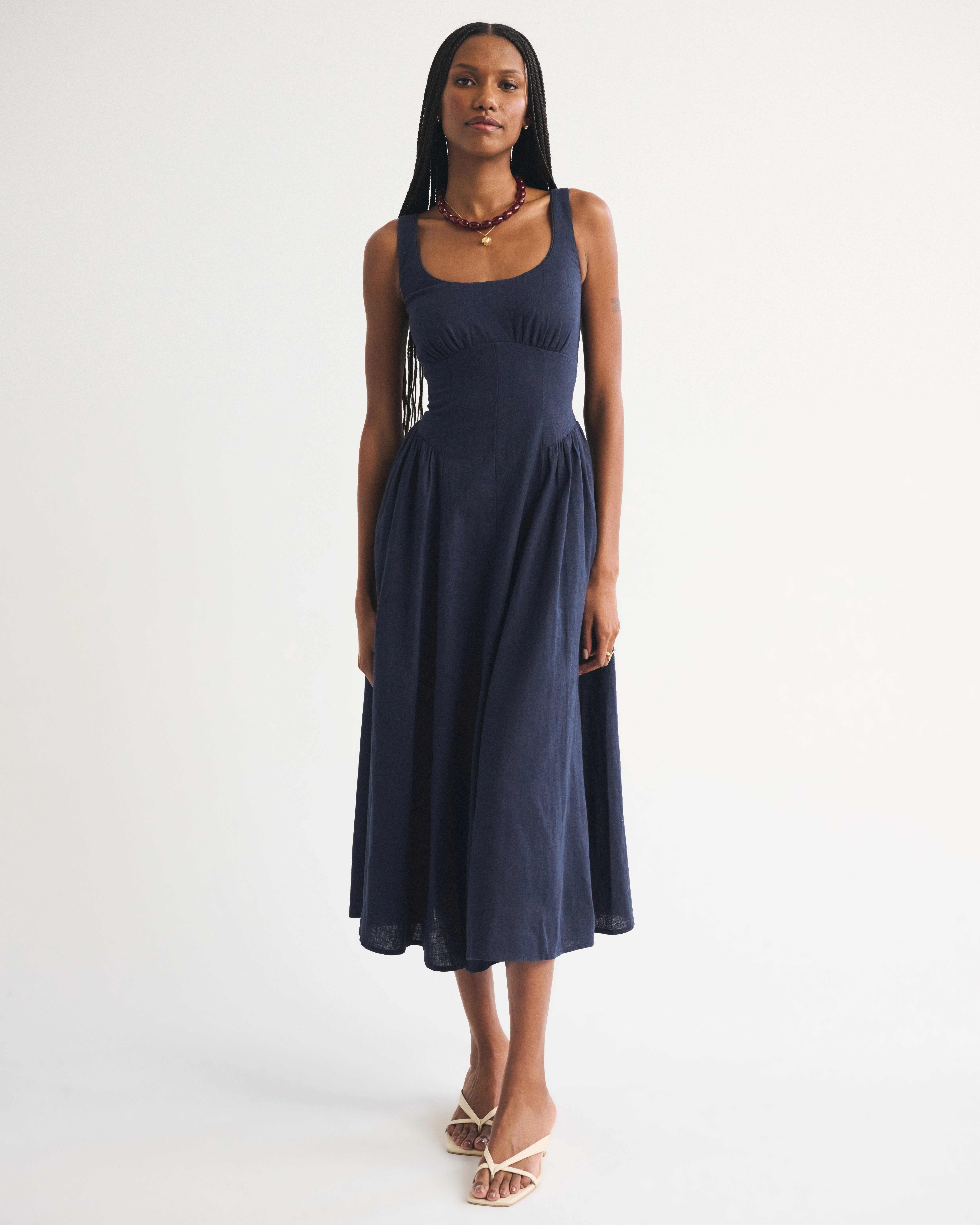 Linen-Blend A&F Bra-Free Dylan Midi Dress | Abercrombie & Fitch (US)
