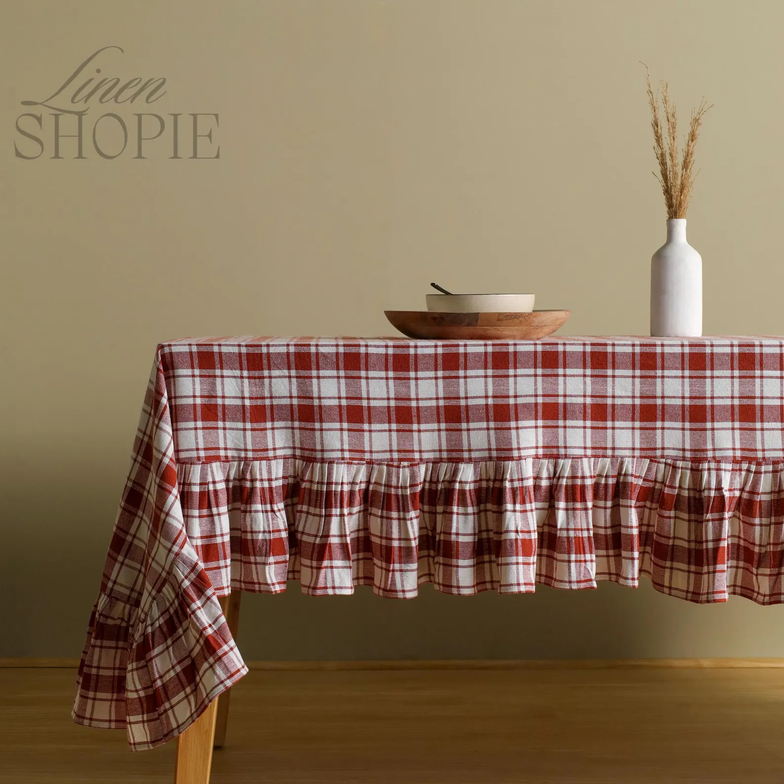 Linen Red Ruffle Tablecloth – Farmhouse Style Linen Table Cover – Country Checkered Tableclot... | Etsy (US)