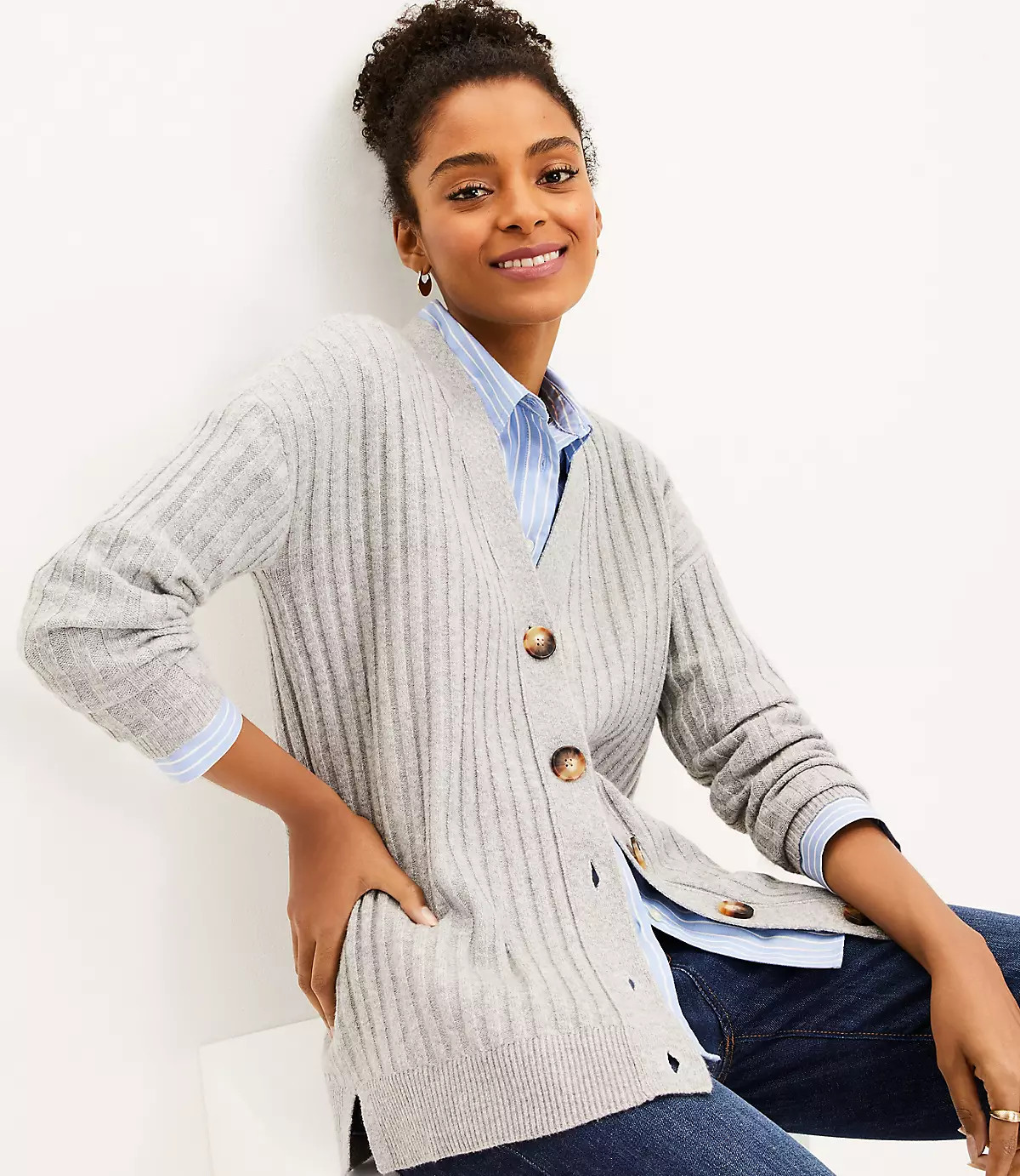 Ribbed Relaxed V-Neck Cardigan | LOFT