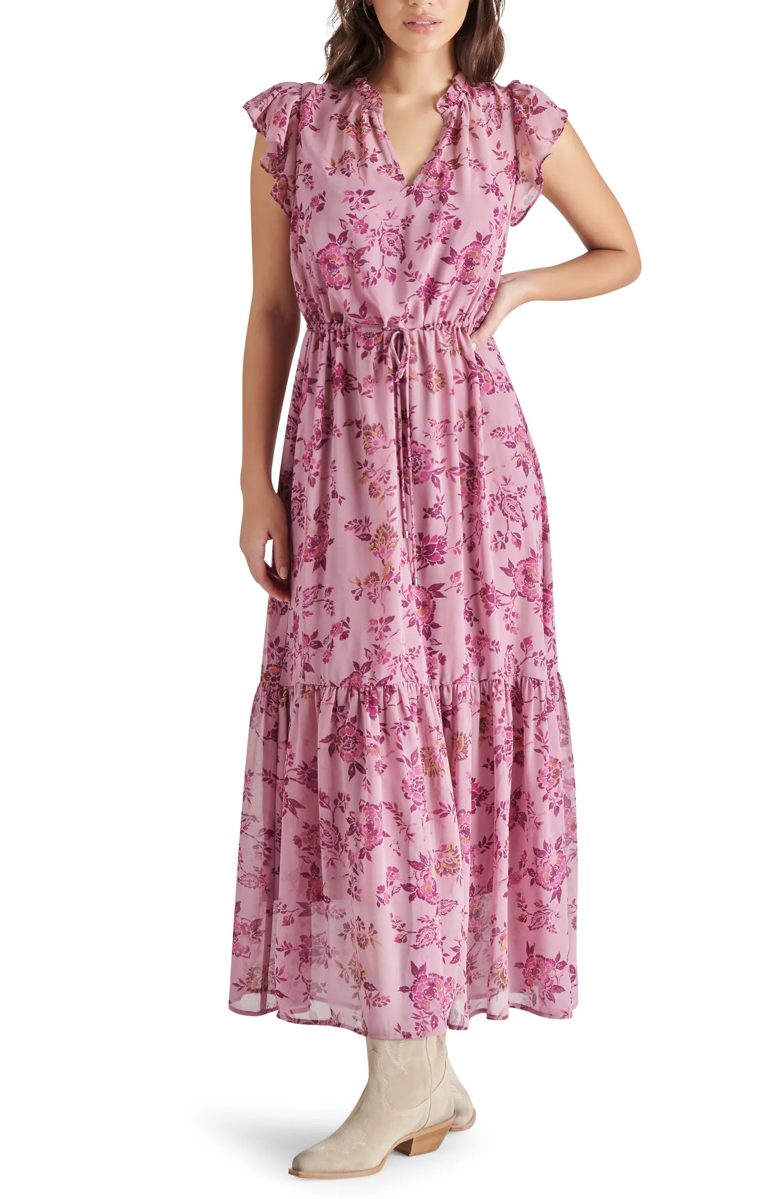 Osiris Floral Tiered Split Neck Tie Waist Maxi Dress | Nordstrom