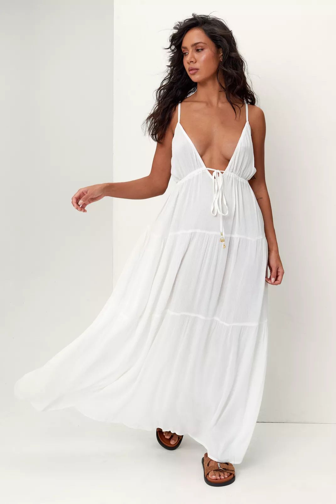 Crinkle Tiered Beaded Tie Maxi Cover Up Dress | Nasty Gal (US)