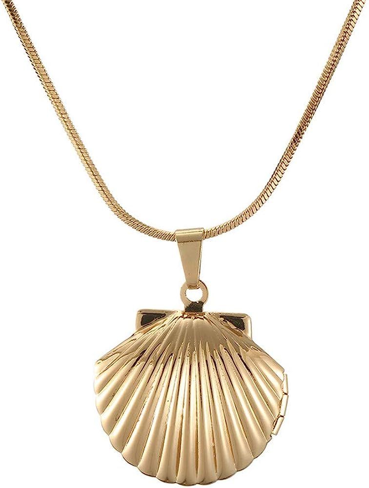 PJ Seashell Locket Charm Necklace for Women Girls, Nautical Beach Sea Shell Style, Adjustable Lon... | Amazon (US)