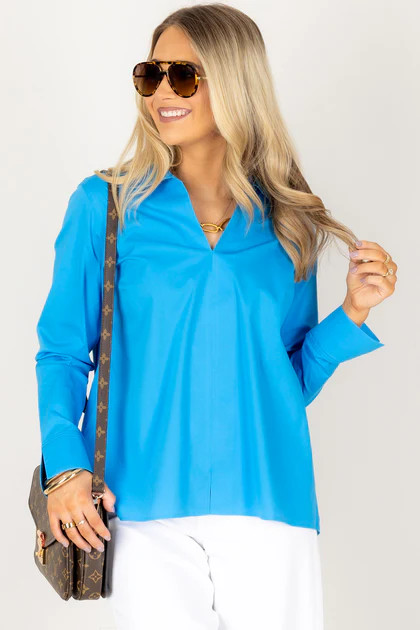Foxcroft Agnes Malibu Blue Long Sleeve Blouse | The Willow Tree