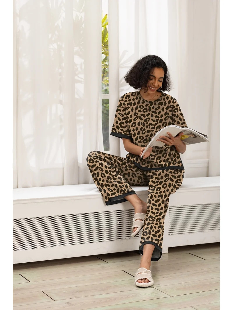 MINTREUS Women's Cotton 2-Piece Loungewear Short-Sleeve Round-Neck Pullover Top Wide-Leg Pants Wo... | Walmart (US)