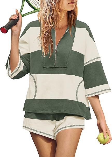 Yanekop Womens 2 Piece Outfits Summer Striped Lounge Set Two Piece Matching Workout Sets Oversize... | Amazon (US)