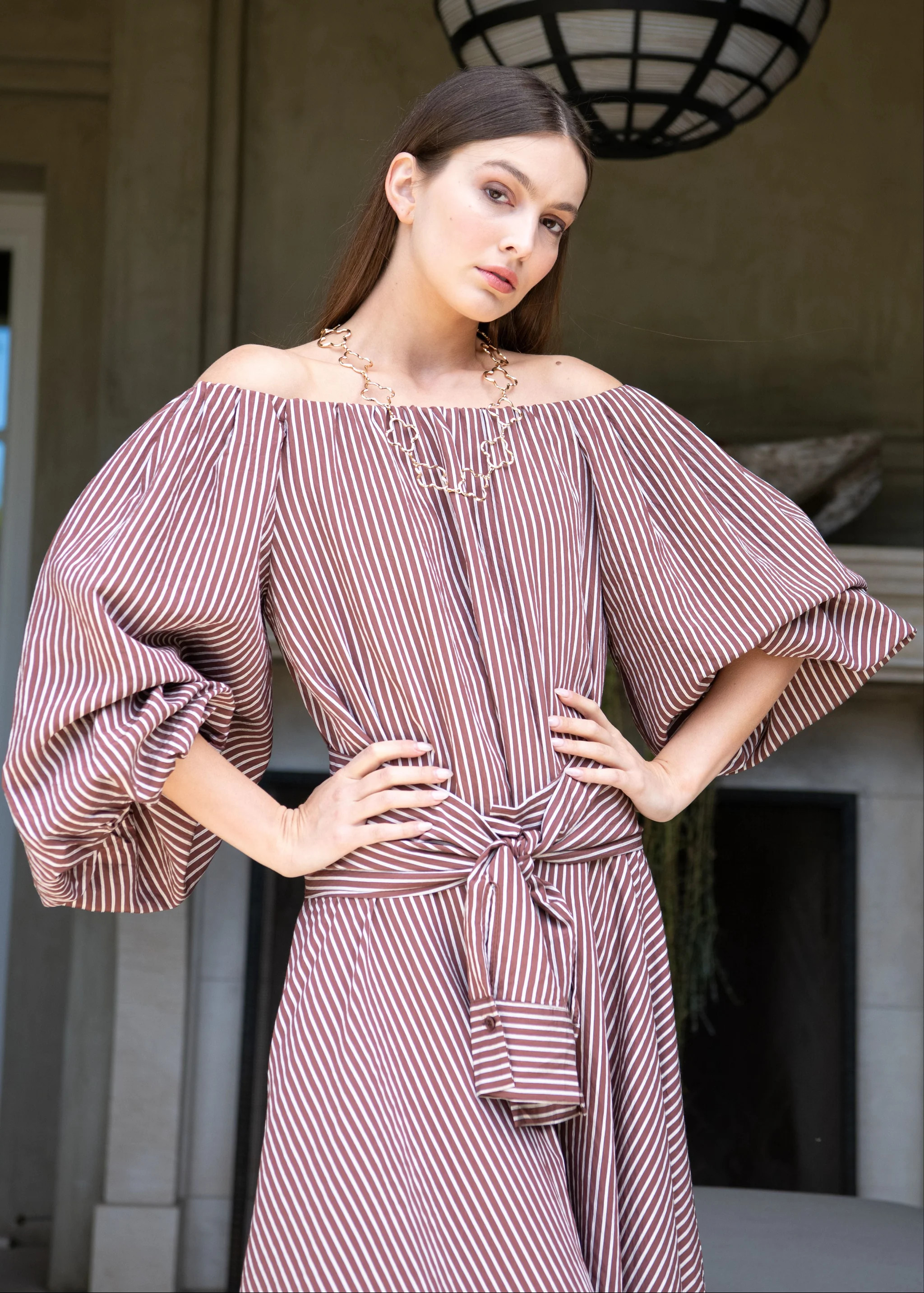 Candace Brown and White Stripe Off the Shoulder Top | Benaar La
