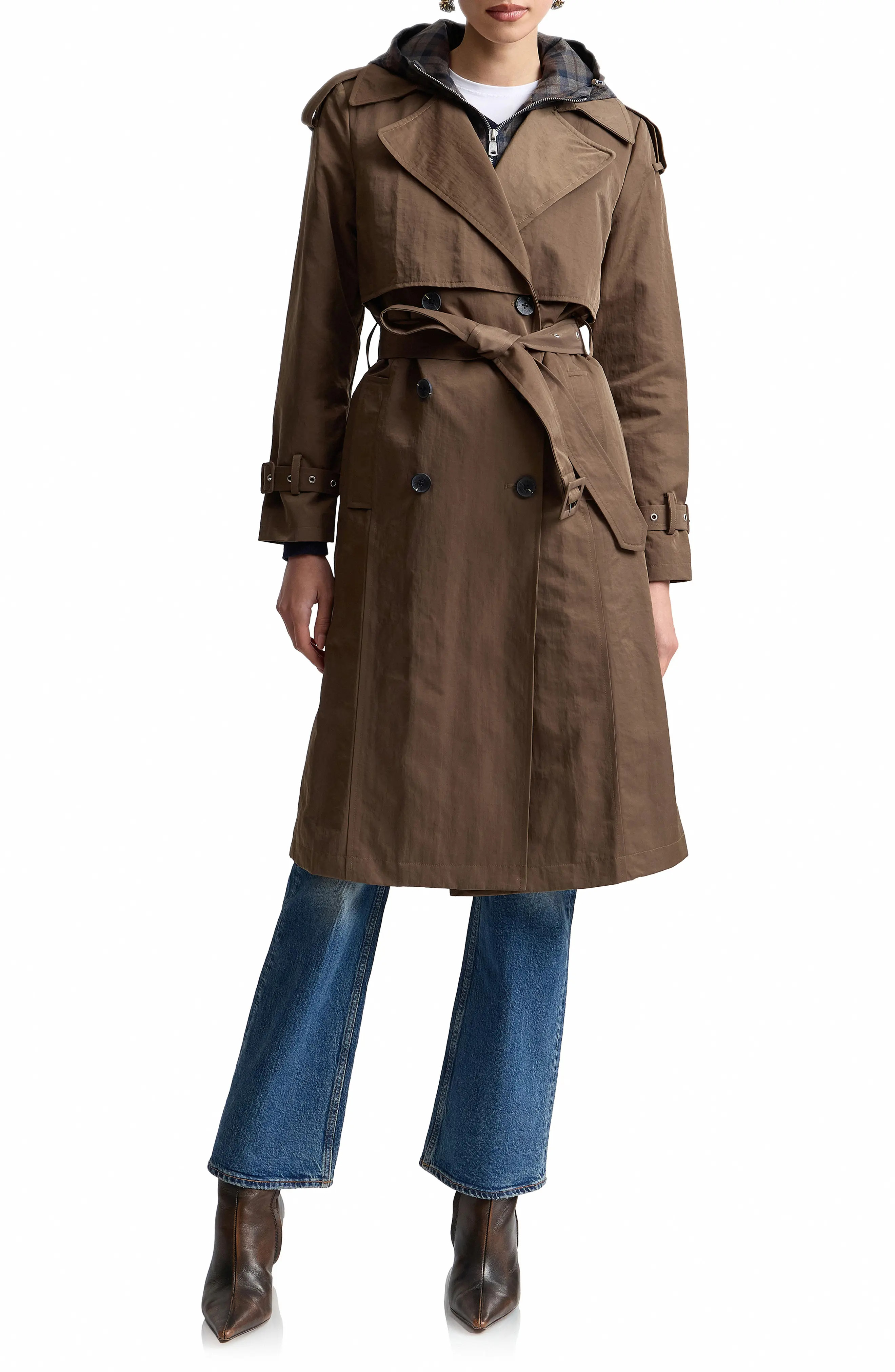 Avec Les Filles Crinkled Nylon Trench Coat with Hooded Bib Inset in Moss Plaid at Nordstrom, Size Xx-Large | Nordstrom