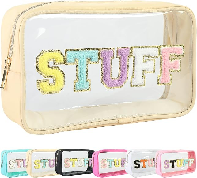 chinensis Clear Chenille Letters Stuff Makeup Bag for Travel,Preppy Patch Cosmetic Bag with Glitt... | Amazon (US)