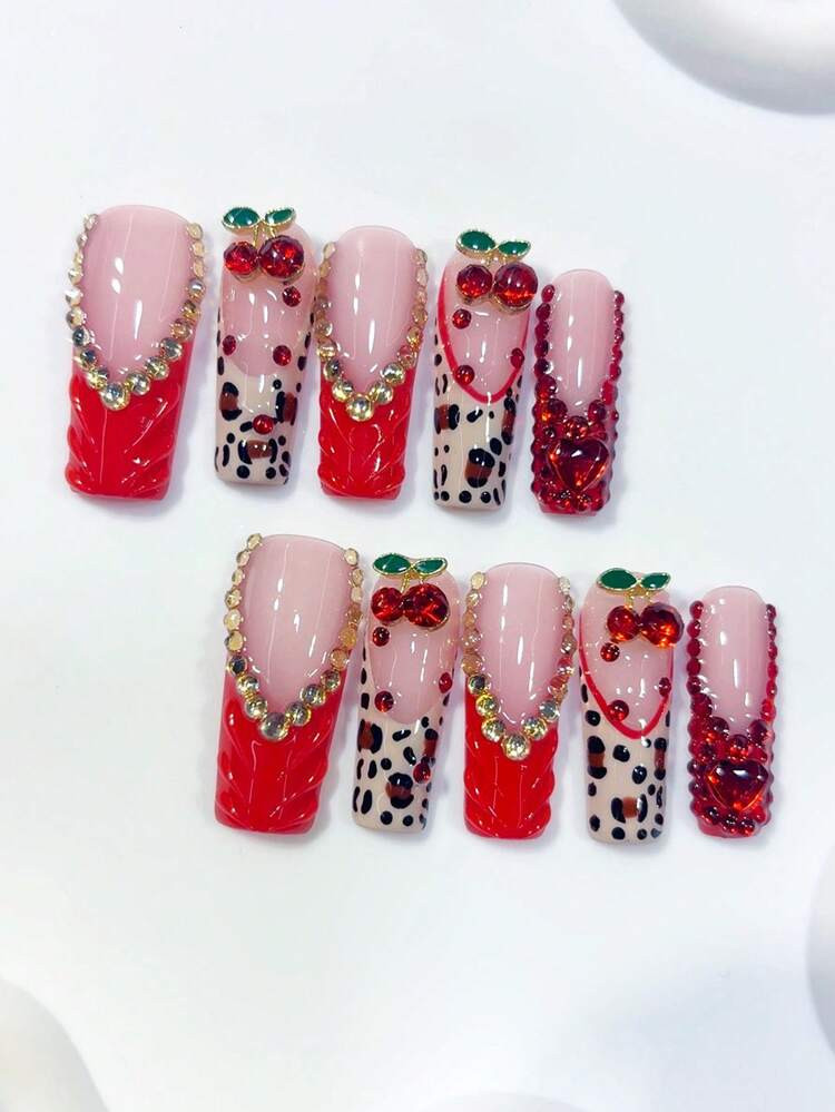 10pcs Y2K Style Extra Long Coffin Shaped Red & Nude Handmade Nail Stickers, With Leopard Print, L... | SHEIN