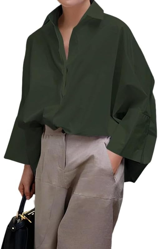 UOOZEE Womens Button Down Shirt Casual 3/4 Sleeve Loose Fit Collared Work Blouse Tops | Amazon (US)