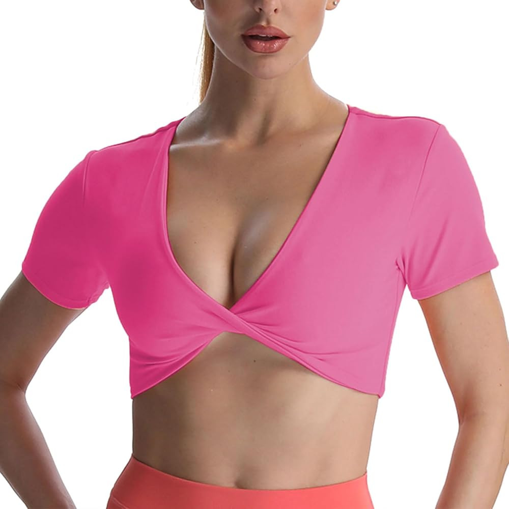Aoxjox Short Sleeve Crop Tops for Women Sienna Twist Deep V Workout Crop T Shirt Top | Amazon (US)