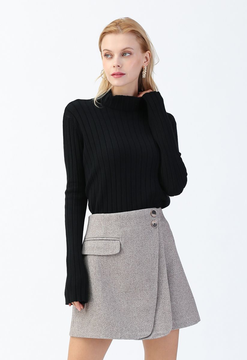 Turtleneck Sleeves Knit Sweater in Black | Chicwish
