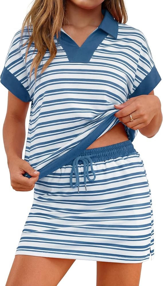 Totatuit Womens Striped 2 Piece Outfits Skirt Set Summer Casual Short Sleeve Polo Skort Workout S... | Amazon (US)