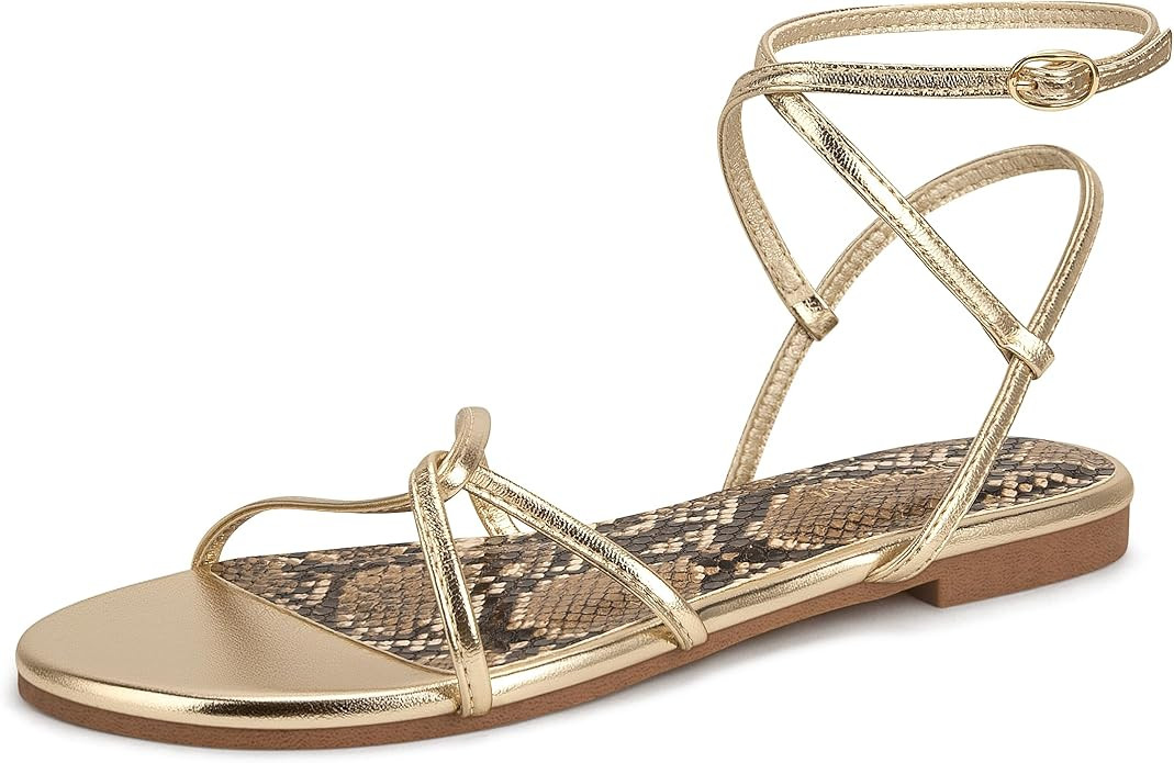 Women's Flat Sandals Strappy Open Round Toe Lace Up Shoes with Adjustable Ankle Strap for Summer | Amazon (US)