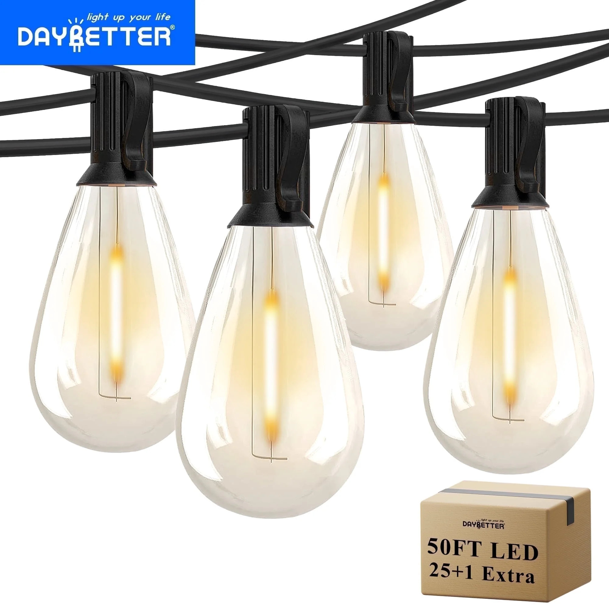 DAYBETTER 50ft Outdoor String Lights, with 25 Led Waterproof Bulbs, Connectable Patio Hanging Lig... | Walmart (US)