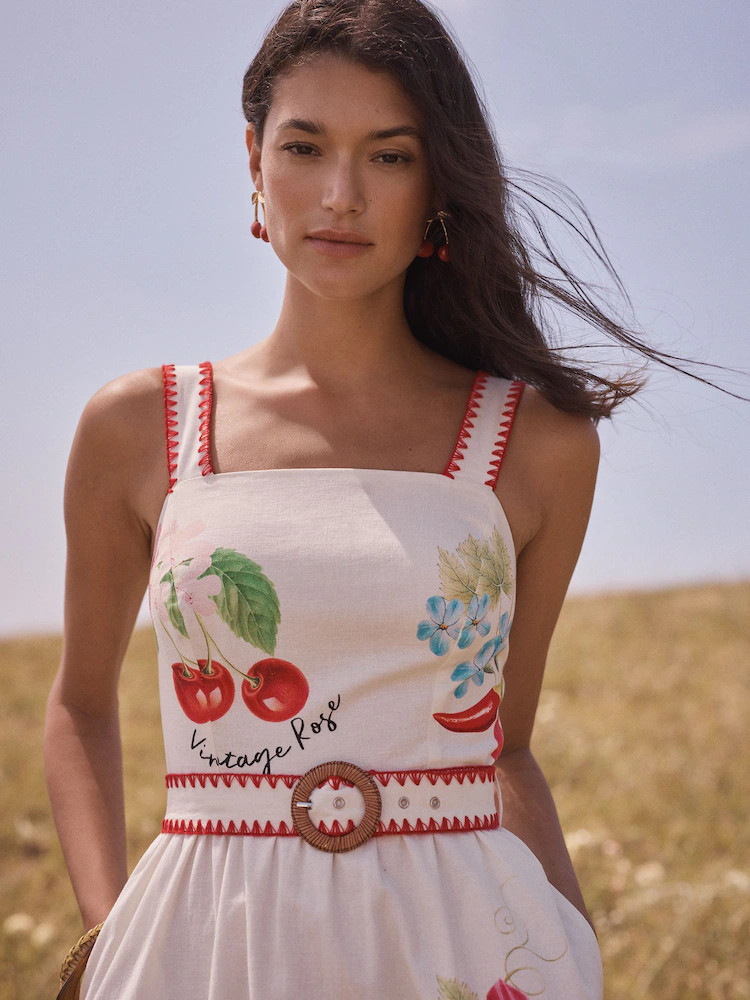 Love & Roses x RHS Multi Fruit Blanket Stitched Belted Linen Sundress | Next US
