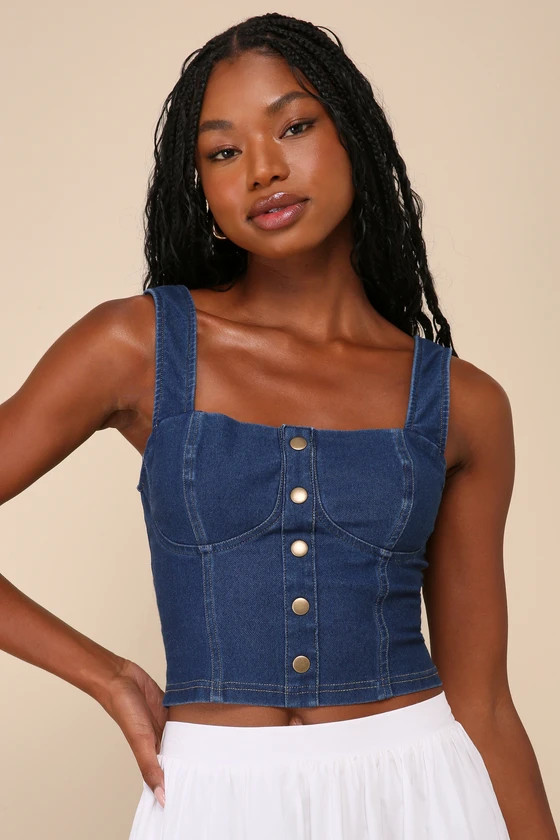 Quite Cute Medium Wash Chambray Bustier Crop Top | Lulus